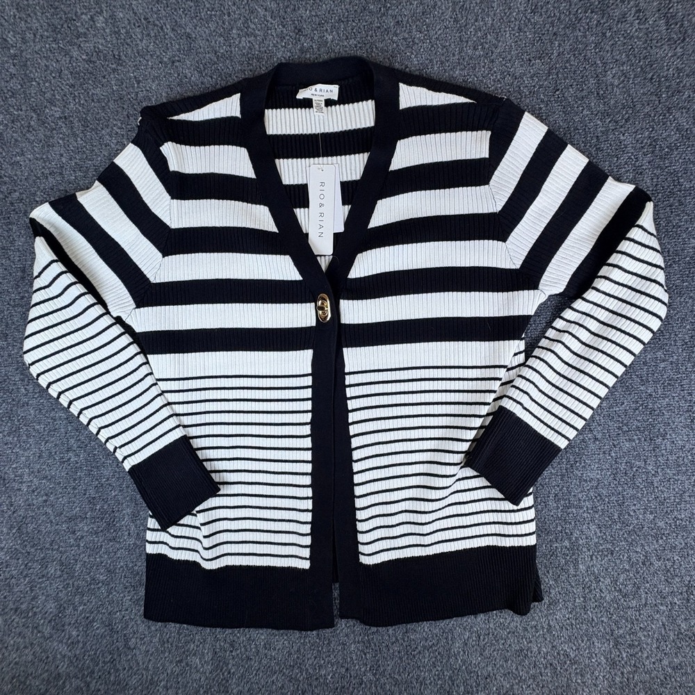 Rio & Rian New York Cardigan Sweater Womens XL Black White Striped Ribbed Knit